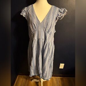 Blue Floral Stripe V-Neck Midi Dress